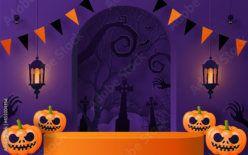 Halloween background design with 3d Podium round, square box stage podium ghost, pumpkin, bat, lamp, gravestone, moon, night, spooky,gravestone and paper cut art elements craft style on background.
