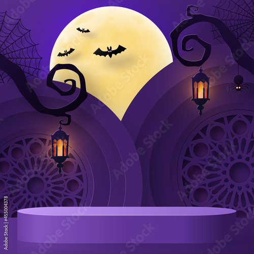 Halloween background design with 3d Podium round, square box stage podium ghost, pumpkin, bat, lamp, gravestone, moon, night, spooky,gravestone and paper cut art elements craft style on background.
