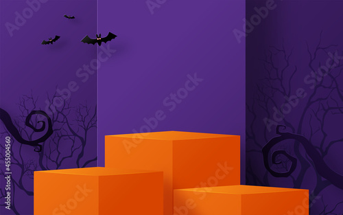 Halloween background design with 3d Podium round, square box stage podium ghost, pumpkin, bat, lamp, gravestone, moon, night, spooky,gravestone and paper cut art elements craft style on background.
