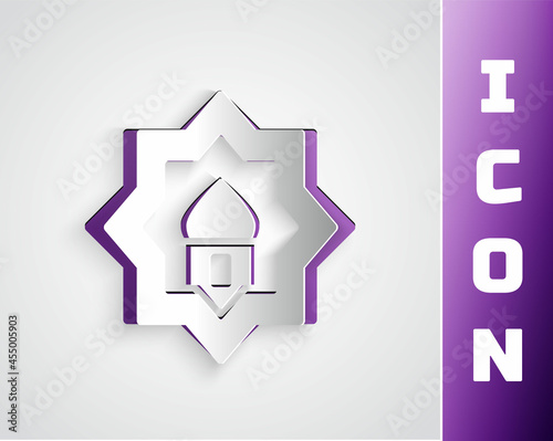 Paper cut Muslim Mosque icon isolated on grey background. Paper art style. Vector