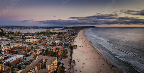 Pacific Beach and Mission Beach in San Diego with beachfront homes and motels. 