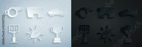 Set American Football ball, Soccer or football shoes with spikes, Sport mechanical scoreboard and result display, Award cup, stadium and Whistle icon. Vector