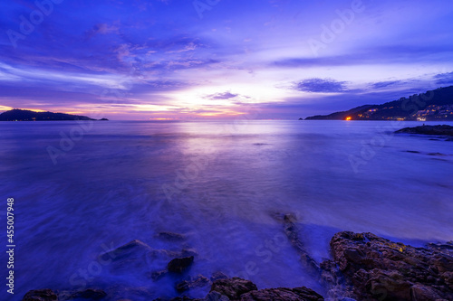 Long exposure image of Dramatic sky seascape with rock in sunset scenery background Amazing landscape nature sea.