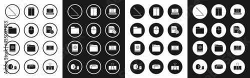 Set Laptop and cross mark on screen, Computer mouse, Document folder, Pencil with eraser line, settings gears, Envelope, and User manual icon. Vector