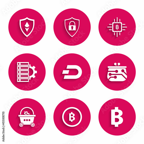 Set Cryptocurrency coin Dash, Bitcoin, wallet, Shopping basket with bitcoin, Server and gear, CPU mining farm and Shield Ethereum ETH icon. Vector