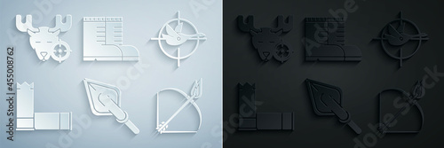 Set Hipster arrow tip, Hunt on duck with crosshairs, Cartridges, Bow and fire, Hunter boots and moose icon. Vector