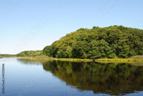 Calm river landscape with a clear blue sky