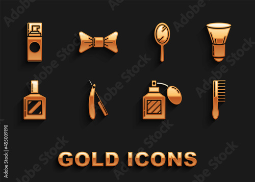 Set Straight razor, Shaving brush, Hairbrush, Aftershave, Hand mirror, gel foam and Bow tie icon. Vector