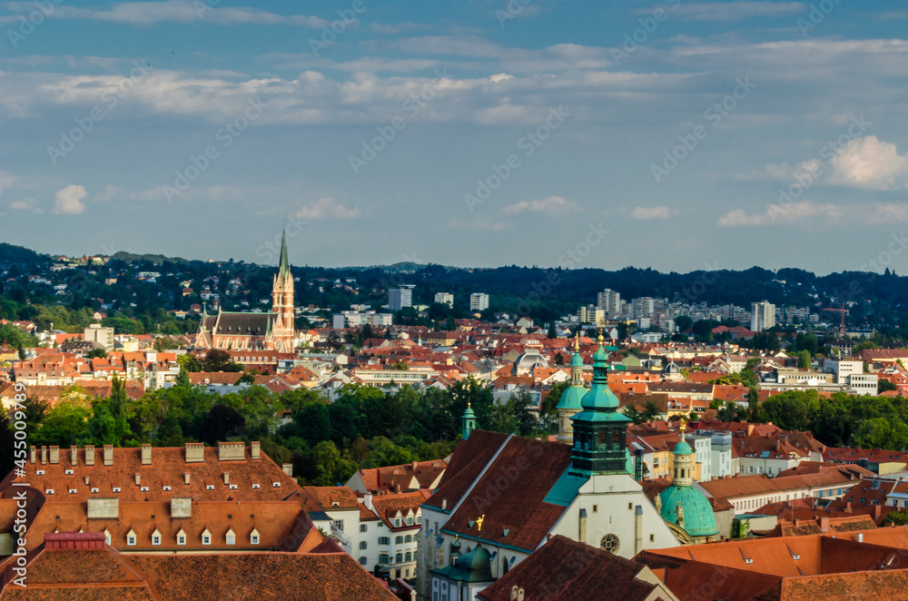 Urban landscape, city view of Graz, Austria from Schlossberg (English: Castle Hill)