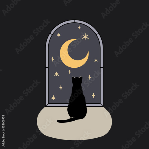 Samotny kot siedzący przy oknie, patrzący na wieczorne niebo, księżyc i gwiazdy. Nocna magiczna scena. Kocia sylwetka z półksiężycem w stylu boho. Urocza ilustracja wektorowa.