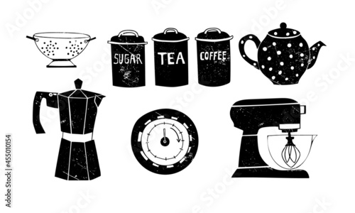 Set of vector images of kitchen equipment in retro style. Coffee maker, kettle, colander, timer, jars, mixer. Illustration. Hand drawing. Black on a white background. Scuff texture.