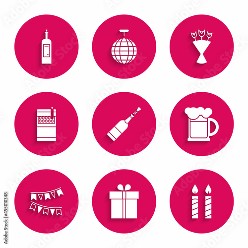 Set Champagne bottle, Gift box, Birthday cake candles, Wooden beer mug, Carnival garland with flags, Open cigarettes pack, Bouquet of flowers and Bottle wine icon. Vector