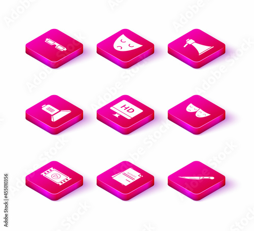 Set Play Video, Scenario, Movie spotlight, Computer PC monitor with HD video technology, Knife, Comedy and tragedy theatrical masks, Megaphone and Drama icon. Vector