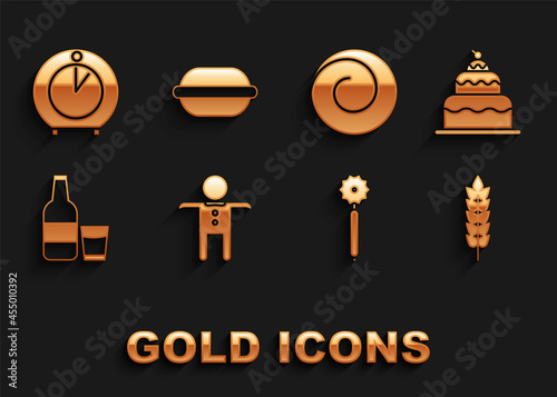 Set Holiday gingerbread man cookie, Cake, Cereals with rice, wheat, corn, oats, rye, Pizza knife, Glass bottle milk and glass, Roll bun cinnamon, Kitchen timer and Macaron icon. Vector