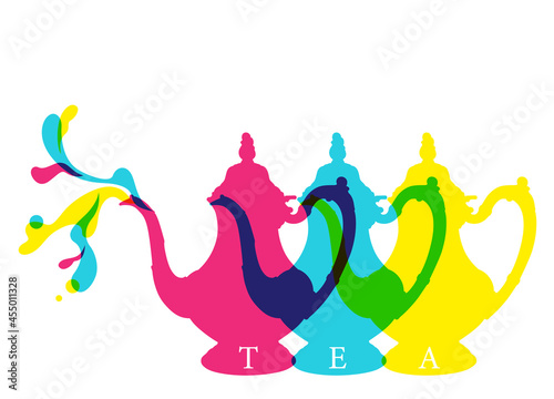 Three colorful teapots and splash in offset print style on white
