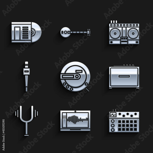 Set Music CD player, Sound or audio recorder on laptop, Drum machine, Guitar amplifier, Musical tuning fork, Microphone, DJ remote playing and mixing music and Vinyl disk icon. Vector