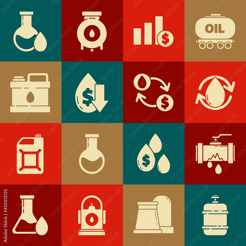 Set Propane gas tank, Oil drop, Pie chart infographic and dollar, Drop