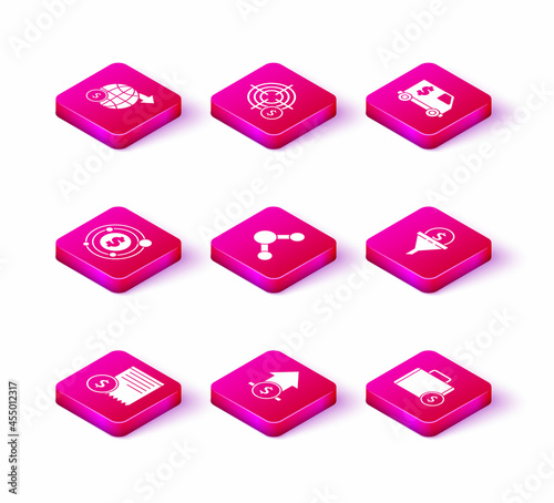 Set Paper check and financial check, Financial growth coin, Target with dollar symbol, Share, Briefcase money, Lead management, Armored truck and icon. Vector