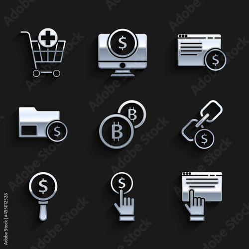 Set Cryptocurrency coin Bitcoin, Hand holding, Online shopping on screen, Chain link, Magnifying glass dollar, Envelope with, and Add Shopping cart icon. Vector