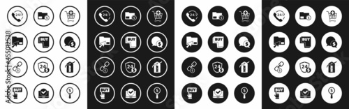 Set Add to Shopping cart, Buy button, Cursor click document folder, Telephone 24 hours support, Speech bubble with dollar, Envelope coin, Price tag New and Chain link and icon. Vector