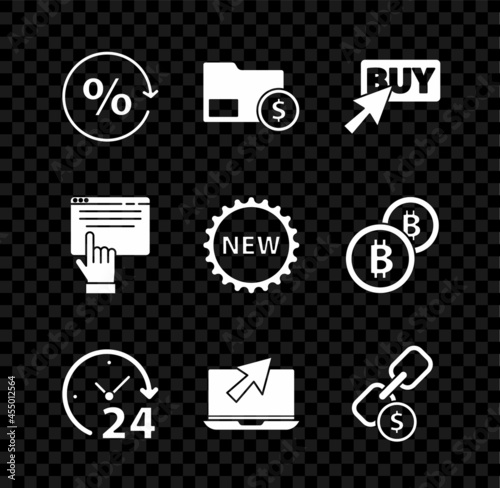 Set Discount percent tag, Envelope with coin dollar, Buy button, Clock 24 hours, Laptop and cursor, Chain link, Online shopping screen and Price New icon. Vector
