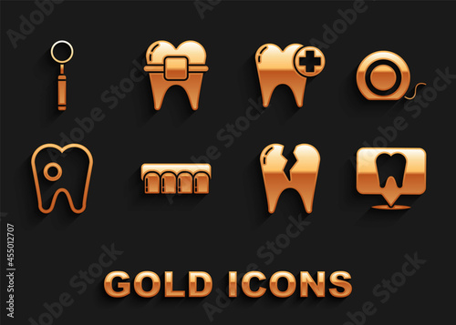 Set Dentures model, Dental floss, clinic location, Broken tooth, Tooth with caries, inspection mirror and Teeth braces icon. Vector