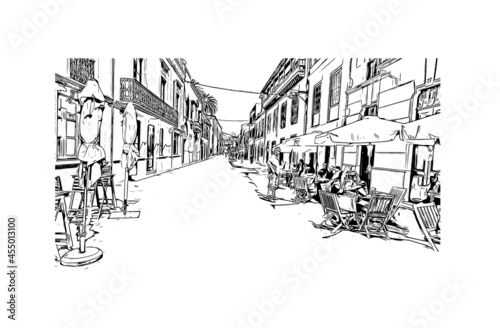 Building view with landmark of  La Laguna is the 
city in Spain. Hand drawn sketch illustration in vector.