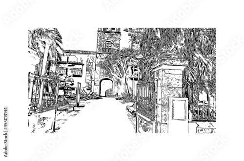 Building view with landmark of  La Laguna is the 
city in Spain. Hand drawn sketch illustration in vector.