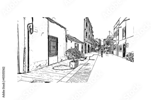 Building view with landmark of  La Laguna is the 
city in Spain. Hand drawn sketch illustration in vector.