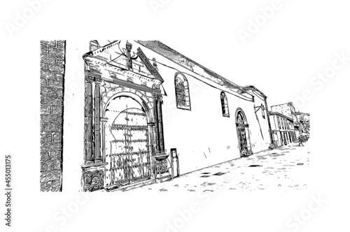 Building view with landmark of  La Laguna is the 
city in Spain. Hand drawn sketch illustration in vector.