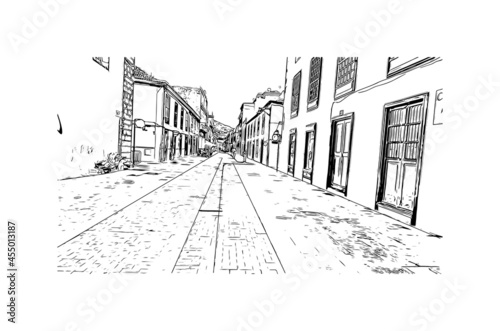 Building view with landmark of  La Laguna is the 
city in Spain. Hand drawn sketch illustration in vector.