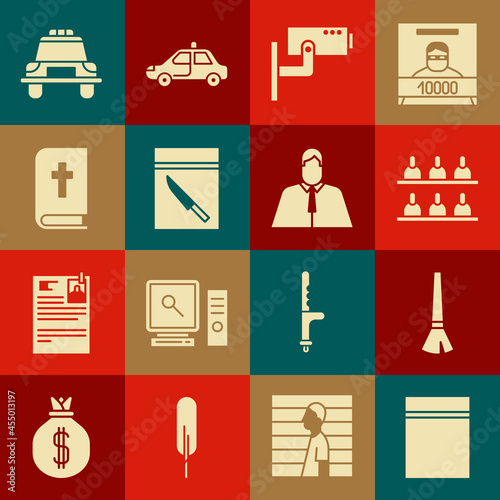 Set Plastic bag with ziplock, Paint brush, Jurors, Security camera, Evidence and knife, Holy bible book, Police car flasher and Lawyer, attorney, jurist icon. Vector