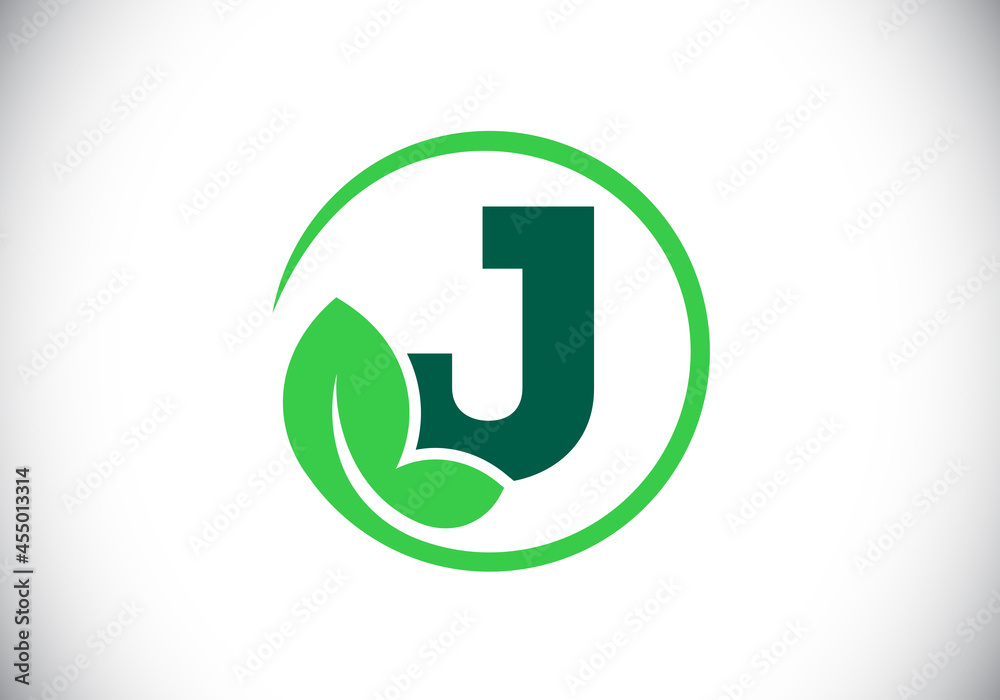 Initial J monogram alphabet with leaf. Eco-friendly logo concept. Font emblem. Modern vector logo for ecological business and company identity Initial J monogram alphabet with leaf. Eco-friendly logo concept. Font emblem. Modern vector logo for ecological business and company identity