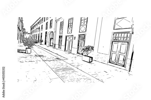 Building view with landmark of  La Laguna is the 
city in Spain. Hand drawn sketch illustration in vector.