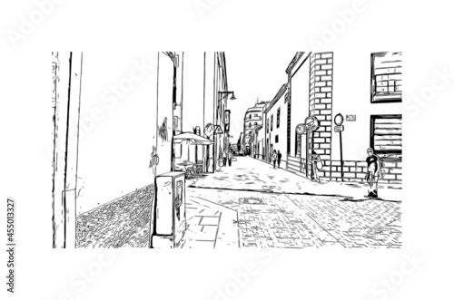 Building view with landmark of  La Laguna is the 
city in Spain. Hand drawn sketch illustration in vector.
