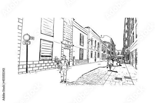 Building view with landmark of  La Laguna is the 
city in Spain. Hand drawn sketch illustration in vector.
