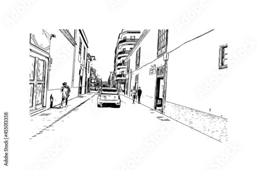 Building view with landmark of  La Laguna is the 
city in Spain. Hand drawn sketch illustration in vector.