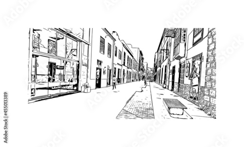 Building view with landmark of  La Laguna is the 
city in Spain. Hand drawn sketch illustration in vector.