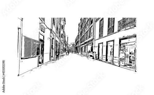 Building view with landmark of  La Laguna is the 
city in Spain. Hand drawn sketch illustration in vector.