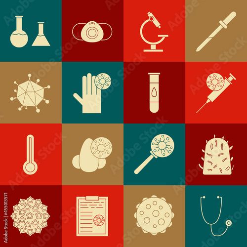 Set Stethoscope, Rabies virus, Syringe and, Microscope, Hand with, Virus, Test tube flask and Blood test icon. Vector