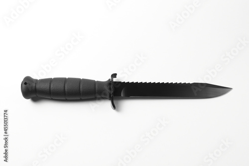 combat knife isolated on white, bayonet knife type used for survivance by military forces. Spring steel with clip point tip for defense