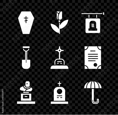 Set Coffin with cross, Flower rose, Signboard tombstone, Grave, Umbrella, Shovel and icon. Vector