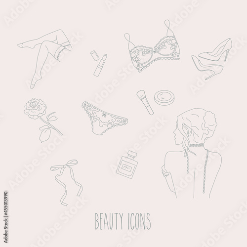 Beauty icon set with a rose, lingerie, a girl, shoes and cosmetics. Vector elegant illustrations for graphic design, highlights and presentations.