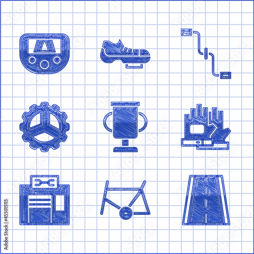 Set Award cup with bicycle, Bicycle frame, lane, Gloves, repair service, sprocket crank, pedals and Gps device map icon. Vector