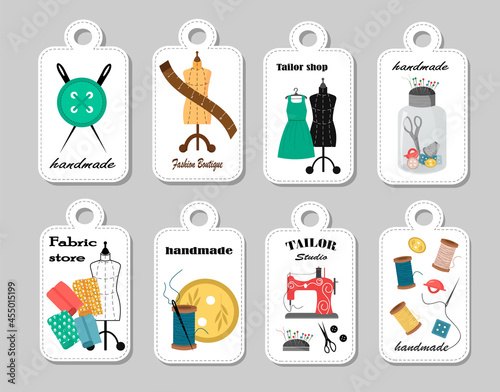 A set of tags with drawings of sewing tools. Sewing machine, fabric and mannequin, buttons and scissors. Vector illustration. For tailor shops, sewing workshops, tailors and handicraft workshops