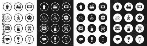 Set Circus ticket, Unicycle or one wheel bicycle, Vintage, Ice cream, Clown head, Toy train, Target and wagon icon. Vector