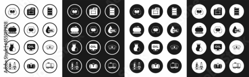 Set Barrel oil, Spare wheel in the car, Oil tank storage, Gas for vehicle, drop, Canister motor, Motor gas gauge and petrol test tube icon. Vector