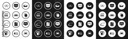 Set Oil tanker ship, Metallic pipes and valve, Industrial gas cylinder, Motor gauge, storage, Location station, Word oil and Electrical cable plug charging icon. Vector