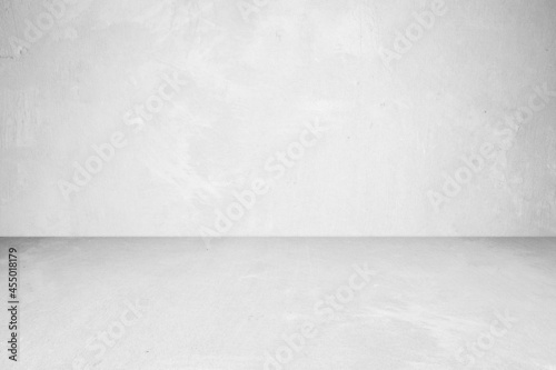 Empty white concrete room and floor background, Perspective grey gradient concrete room for interior background, backdrop, Gray grunge cement room with space for product display mockup, template