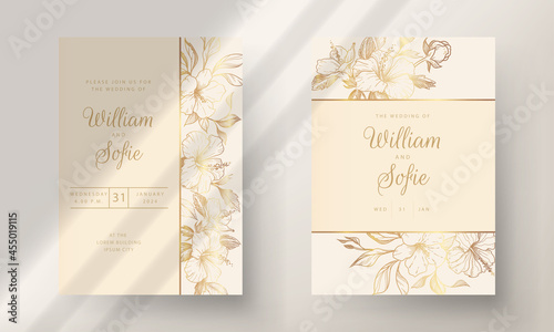 Wedding Invitation Card with Gold Flowers. Background with geometric golden frame. Cover design with an ornament of golden leaves.
